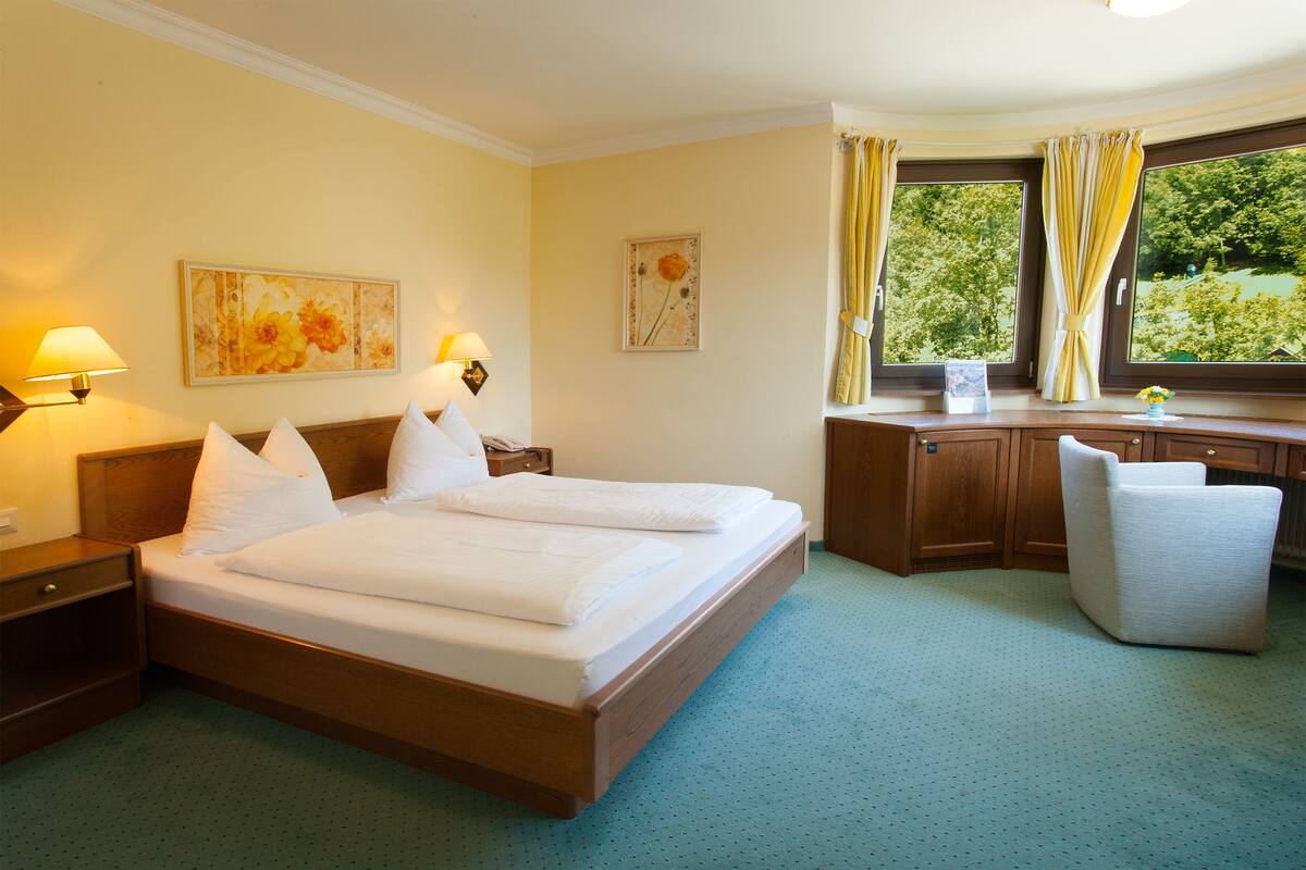 A hotel room with a large bed, a desk, and a view of greenery through the windows.