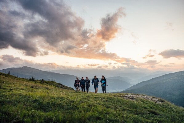 A group of people walking on a grassy hillside with a mountainous landscape in the background.