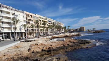 Un hôtel situé sur la côte, doté de nombreux balcons, bordé d’une plage rocheuse et agrémenté de palmiers.