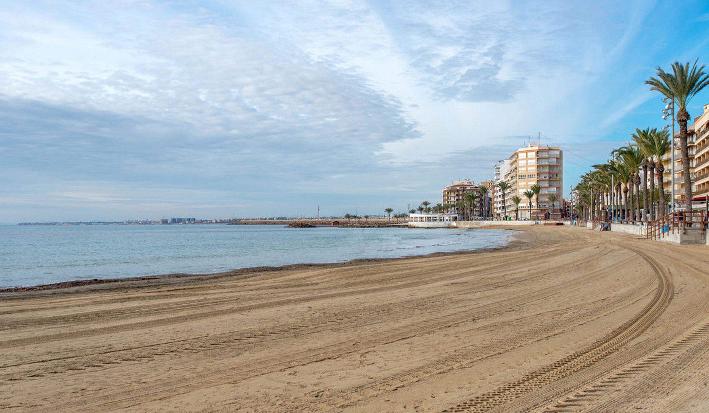 A wide sandy beach with a calm sea, lined with palm trees and multi-story buildings.