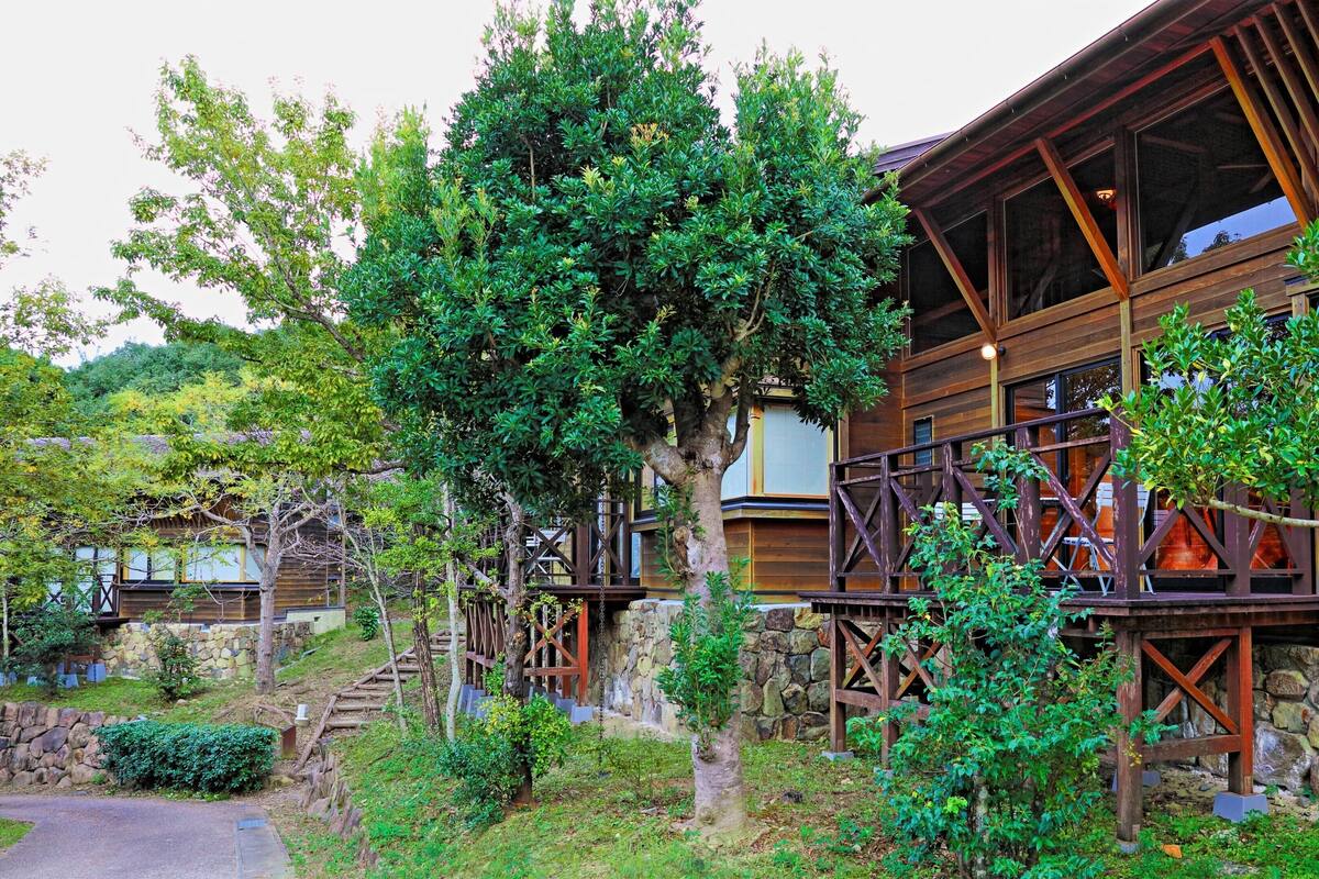 Un bâtiment en bois avec un mur en pierre, une terrasse en bois et un escalier menant à l’entrée.
