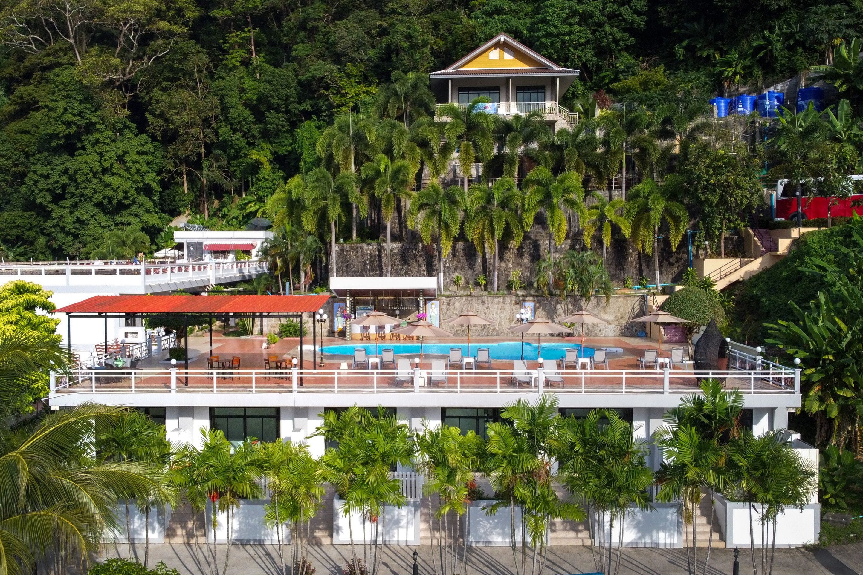 A hotel with a pool, surrounded by palm trees and a forested hillside.