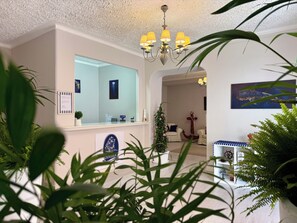 Ein Zimmer mit weißer Decke, einem Kronleuchter, einem großen Spiegel und einer Topfpflanze.