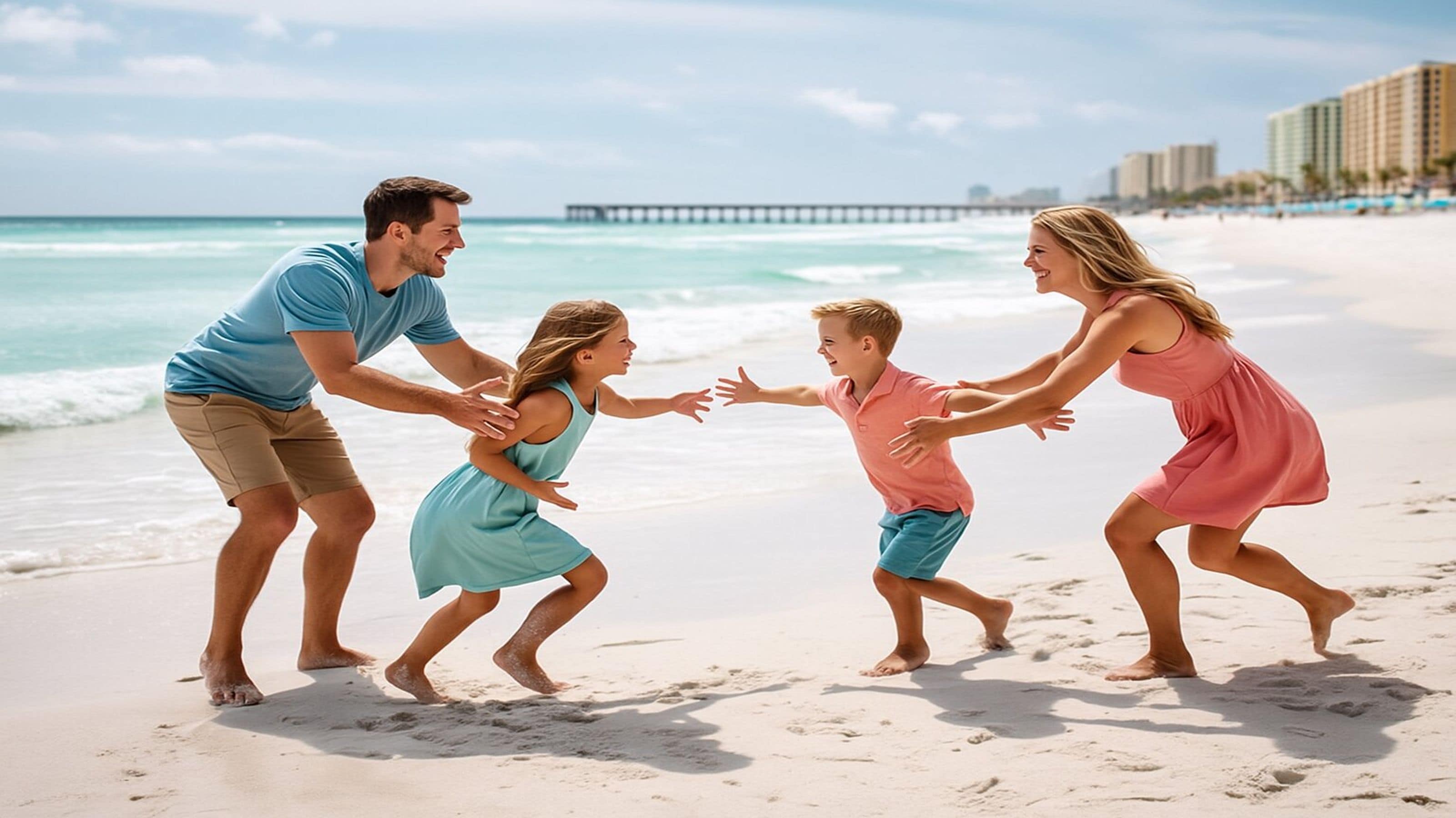 Una familia en la playa, con un muelle al fondo.