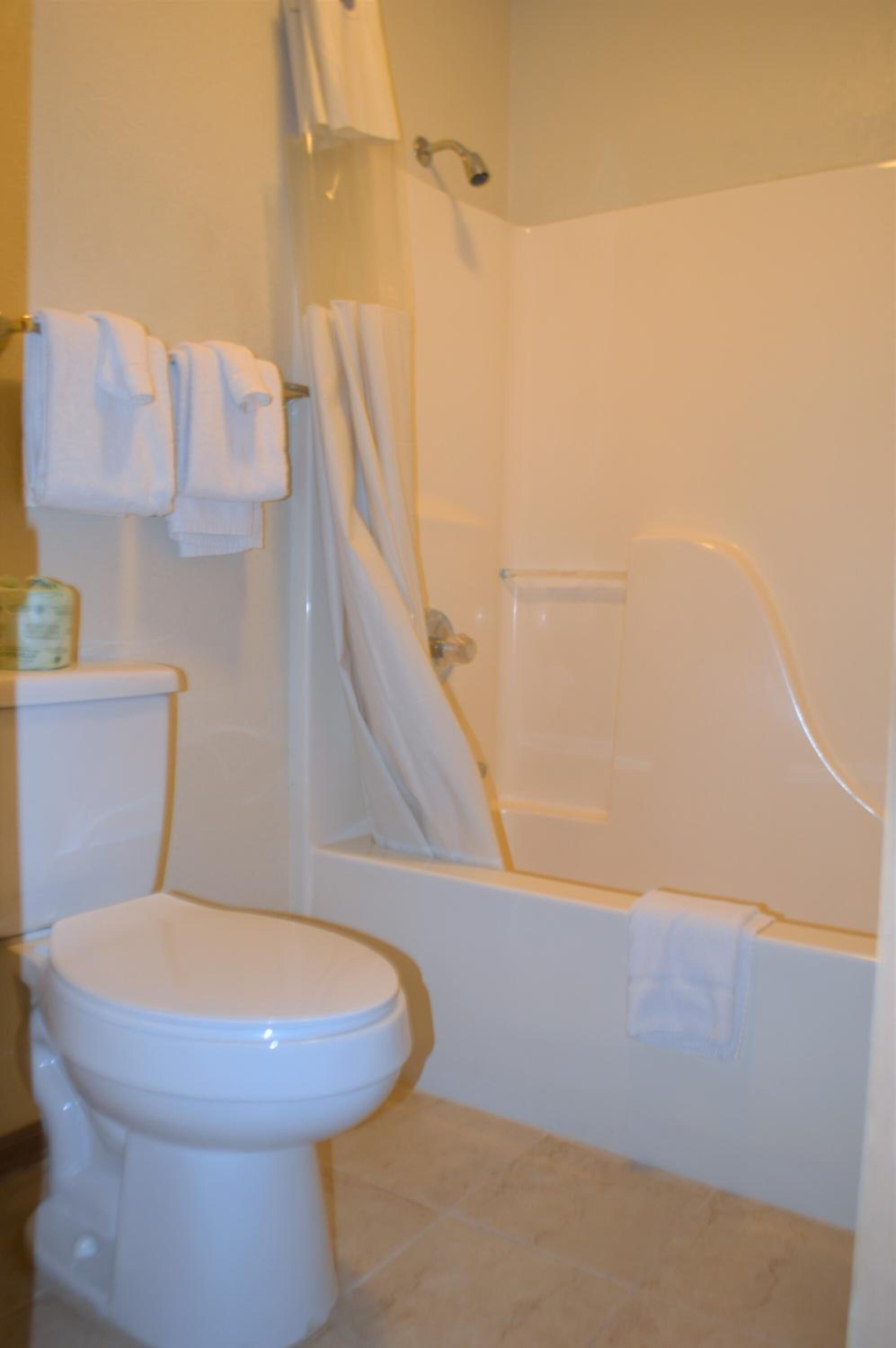 Un baño con inodoro, bañera y cortina de ducha.