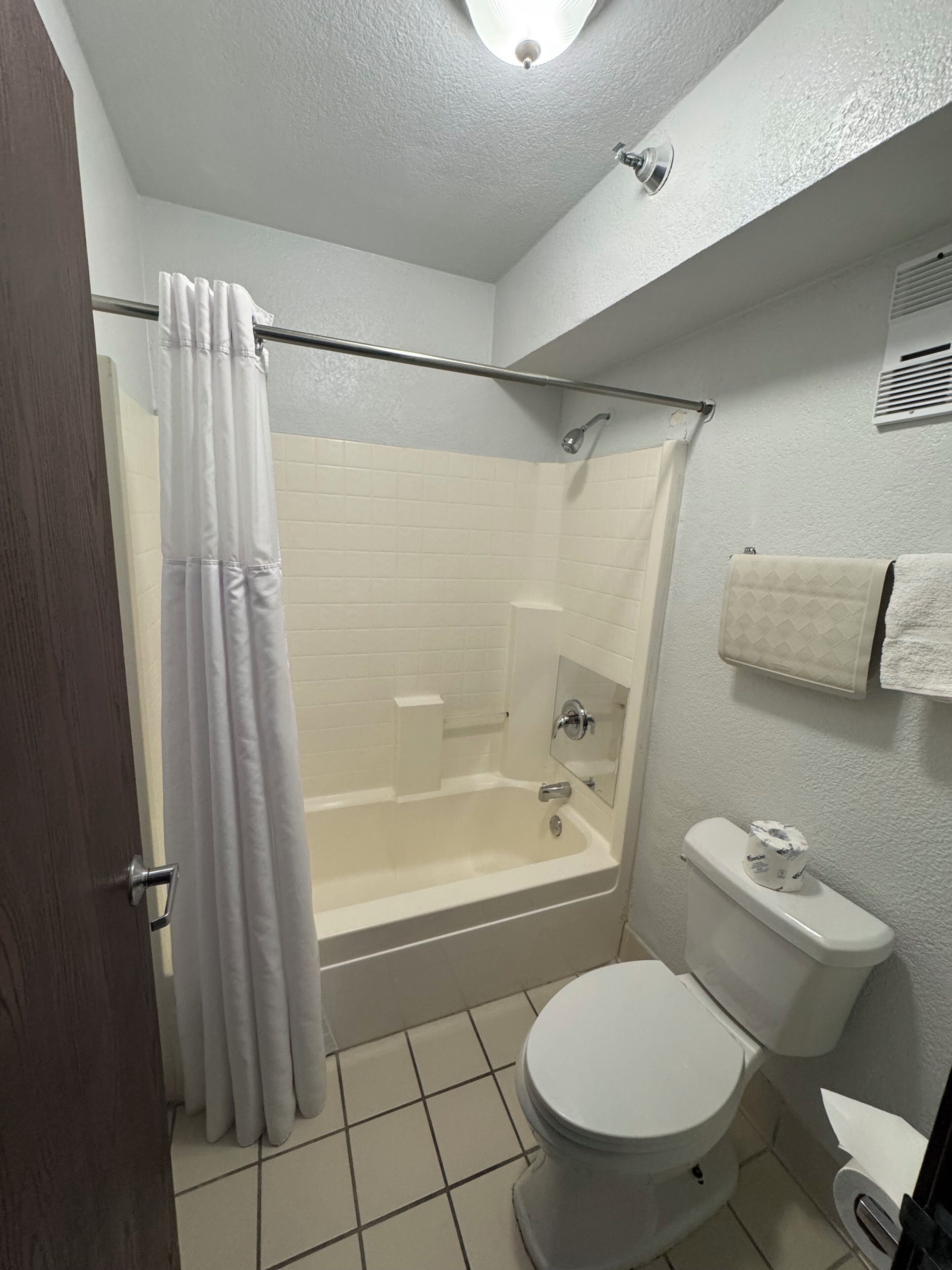 A bathroom with a bathtub, toilet, and a shower curtain.