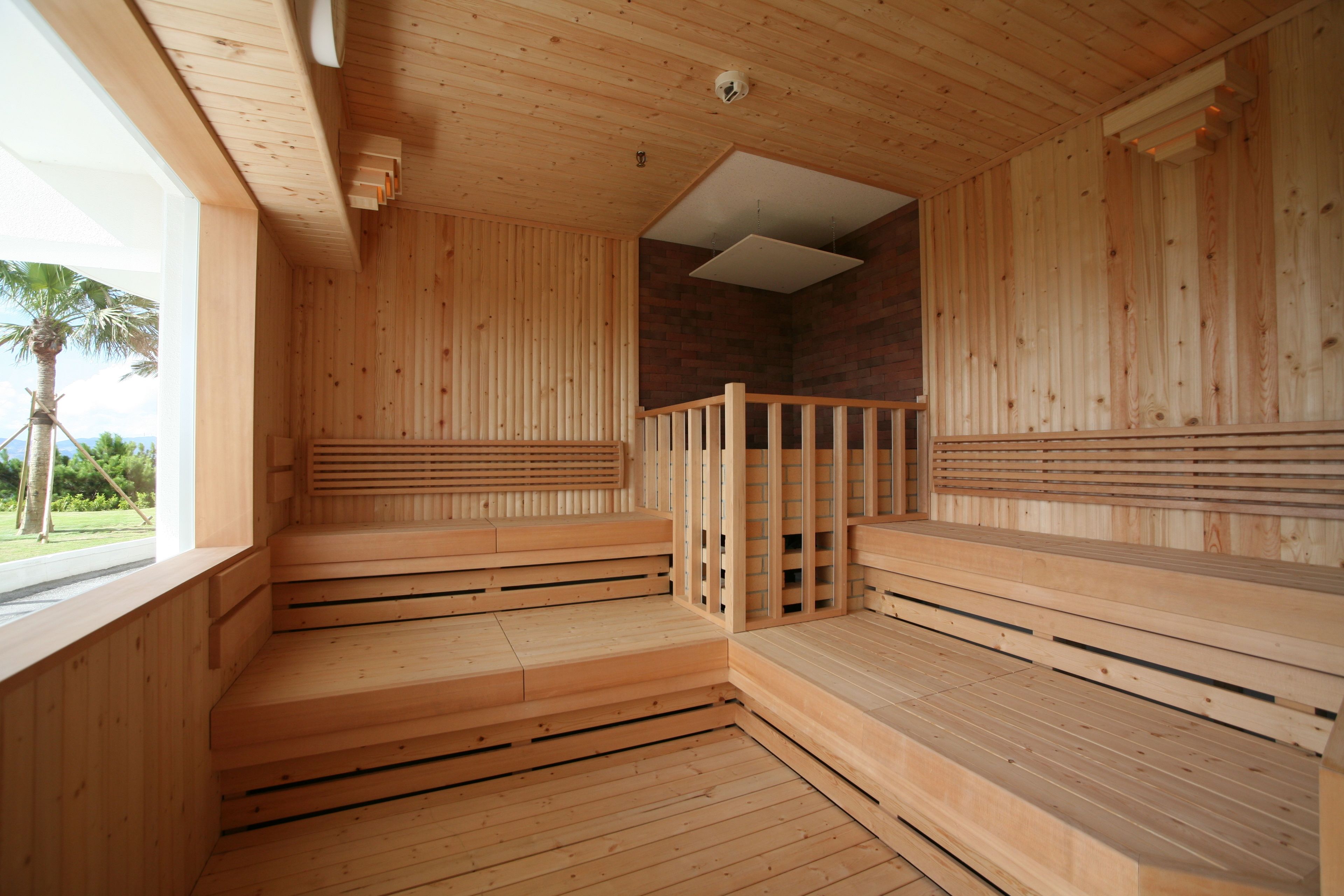 A wooden sauna with benches and a view of palm trees outside.