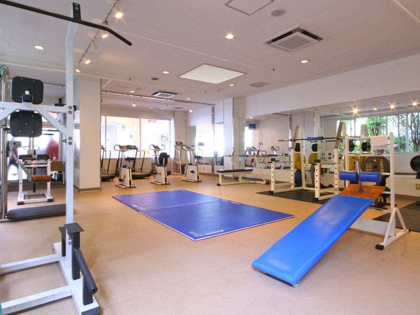 Een sportschool met cardioapparatuur, gewichthefmaterialen en een blauwe mat.