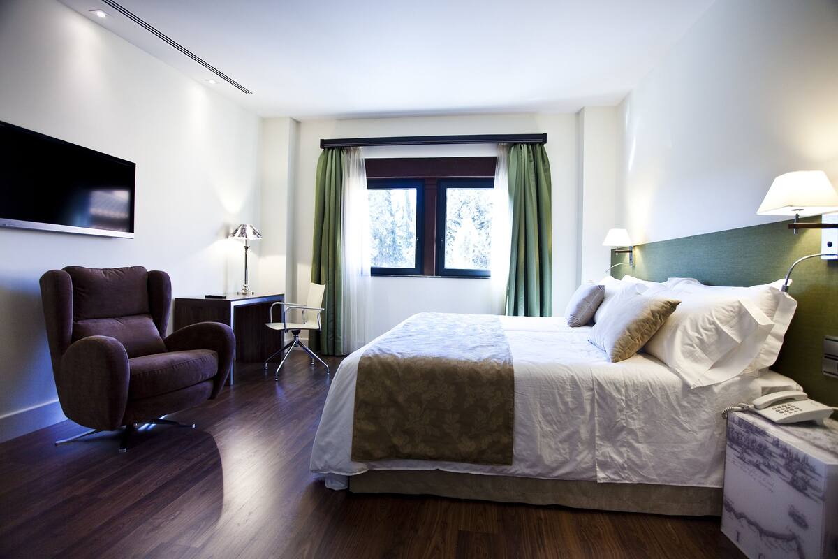 Una habitación de hotel con una cama, una silla, un escritorio, una lámpara y un televisor.