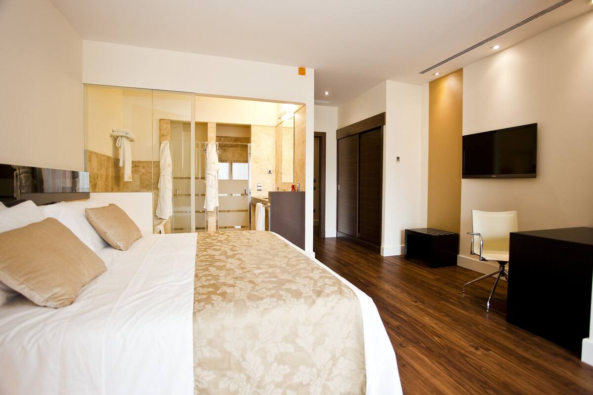 Una habitación de hotel moderna con una cama grande, un escritorio, una silla, un televisor y un espejo.