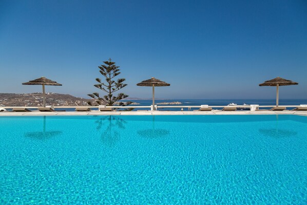 Outdoor pool, pool umbrellas, pool loungers