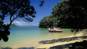 Un bote en una playa despejada con árboles y una isla distante.