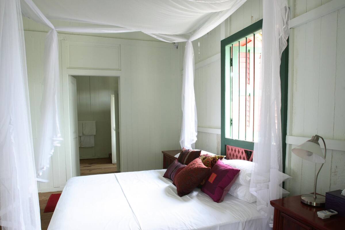 A bedroom with a canopy bed, a wooden floor, a red carpet, a wooden cabinet, and a window with green shutters.