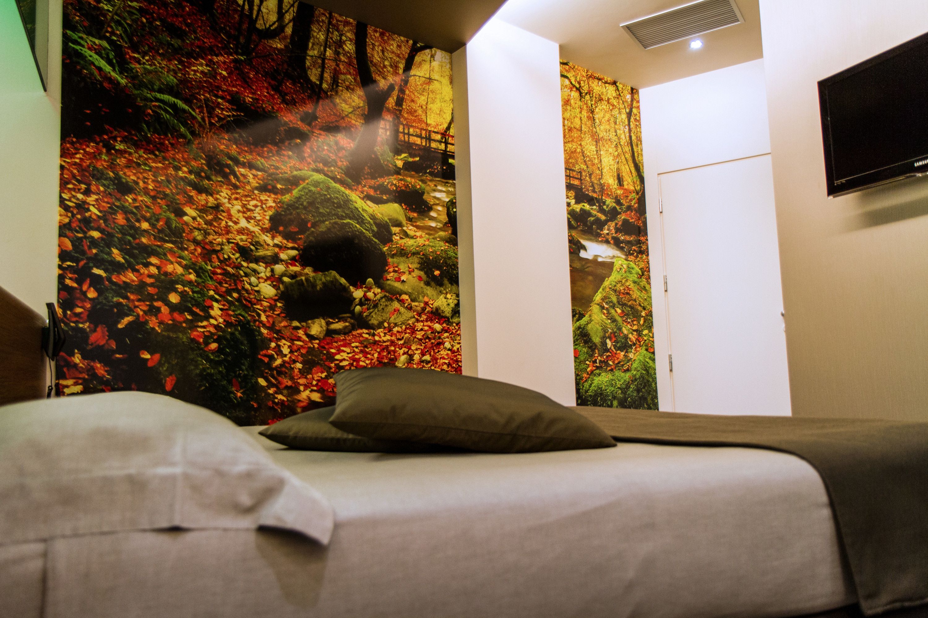 Hotelkamer met een bed, een aan de muur bevestigde televisie en een muurschildering van een boslandschap.