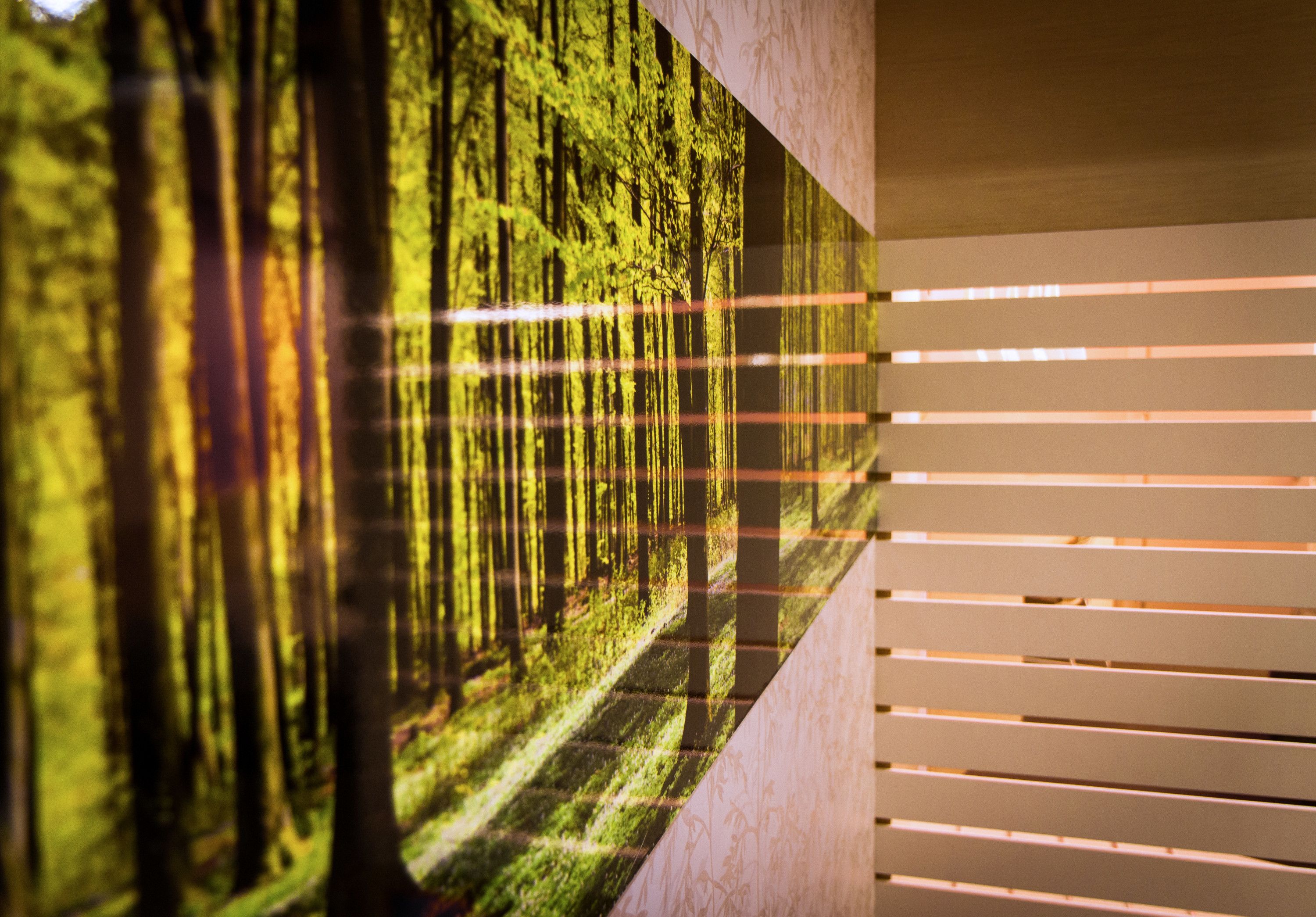A room with a large digital forest display on one wall and horizontal blinds on the window.