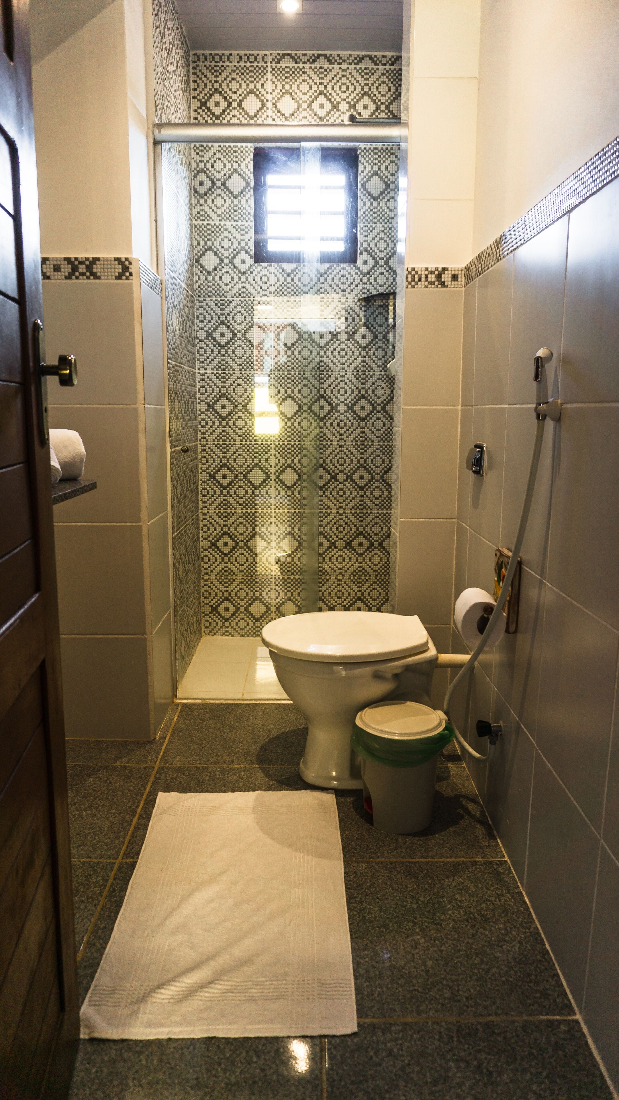 Un baño con inodoro, ducha y pared de azulejos estampados.