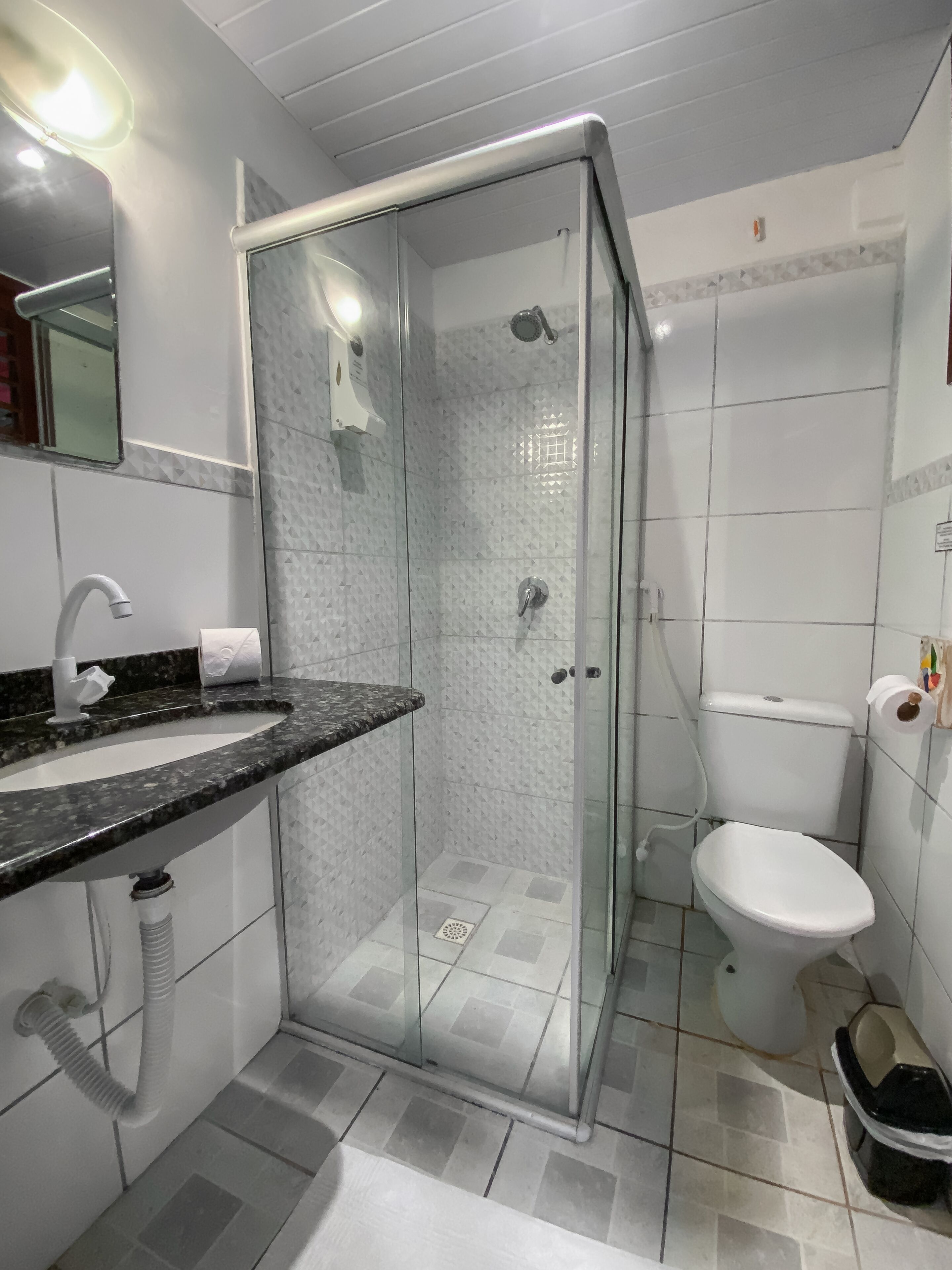 Une salle de bain avec une douche à parois de verre, des toilettes blanches et un lavabo sur un plan de travail en granit.