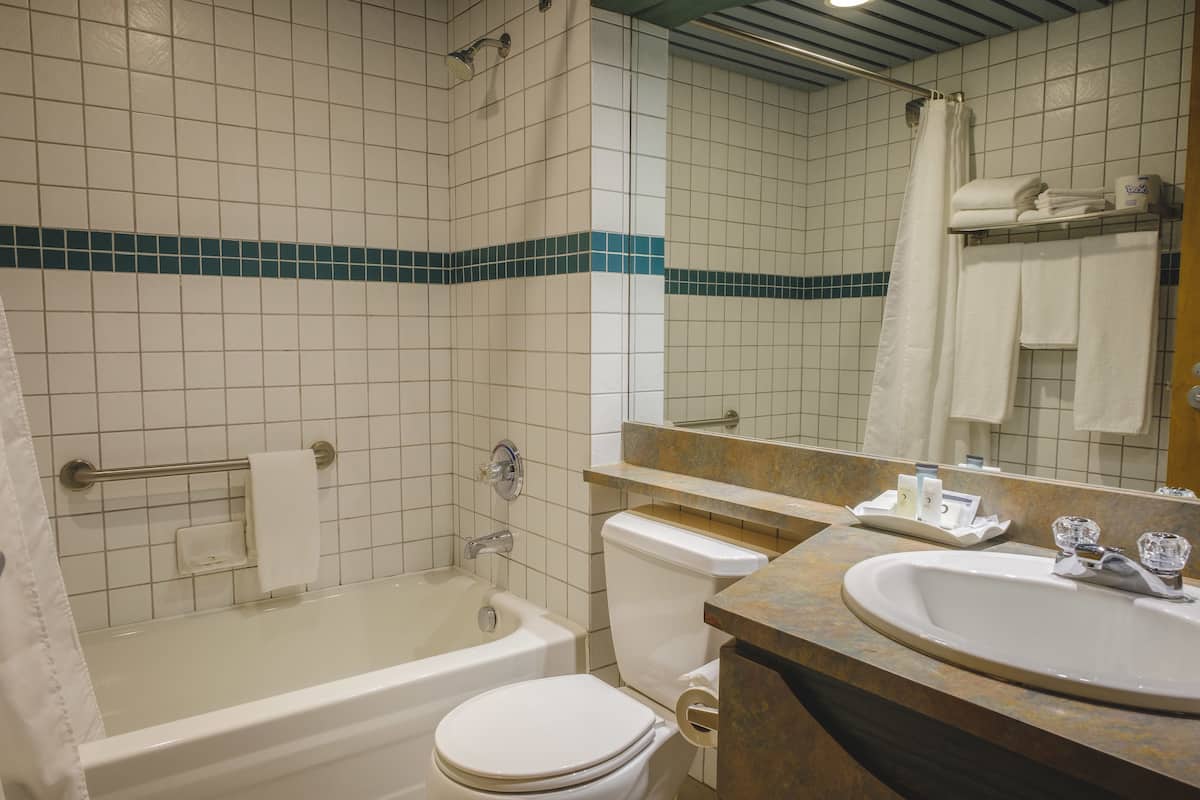 Kombinert dusj/badekar, miljøvennlige toalettsaker, hårføner og håndklær