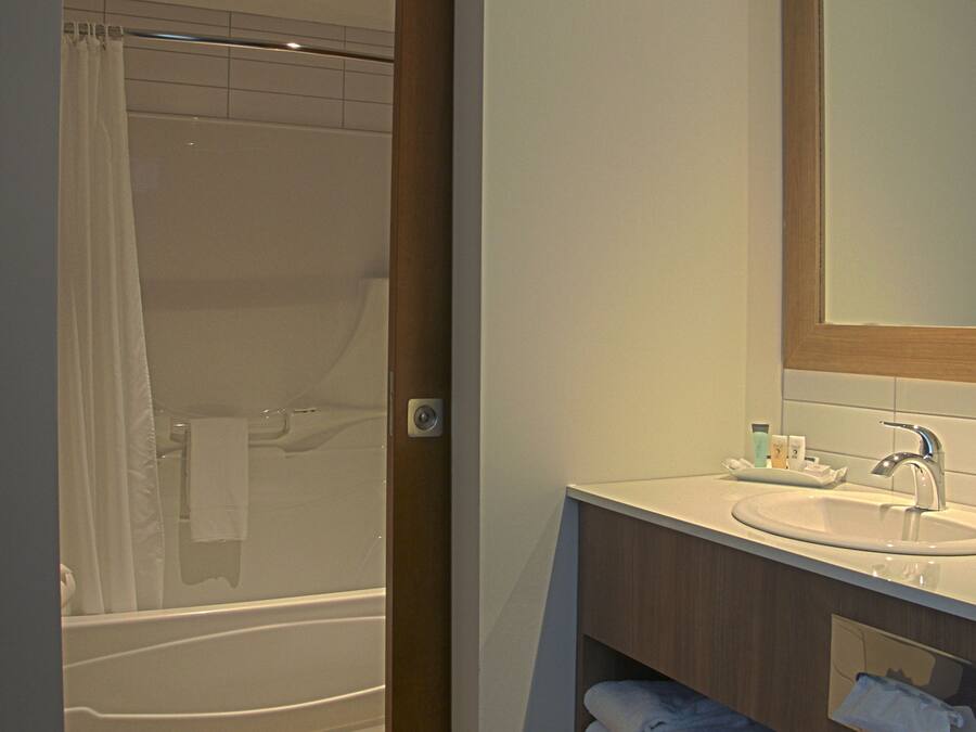 A modern bathroom with a shower, sink, and mirror.
