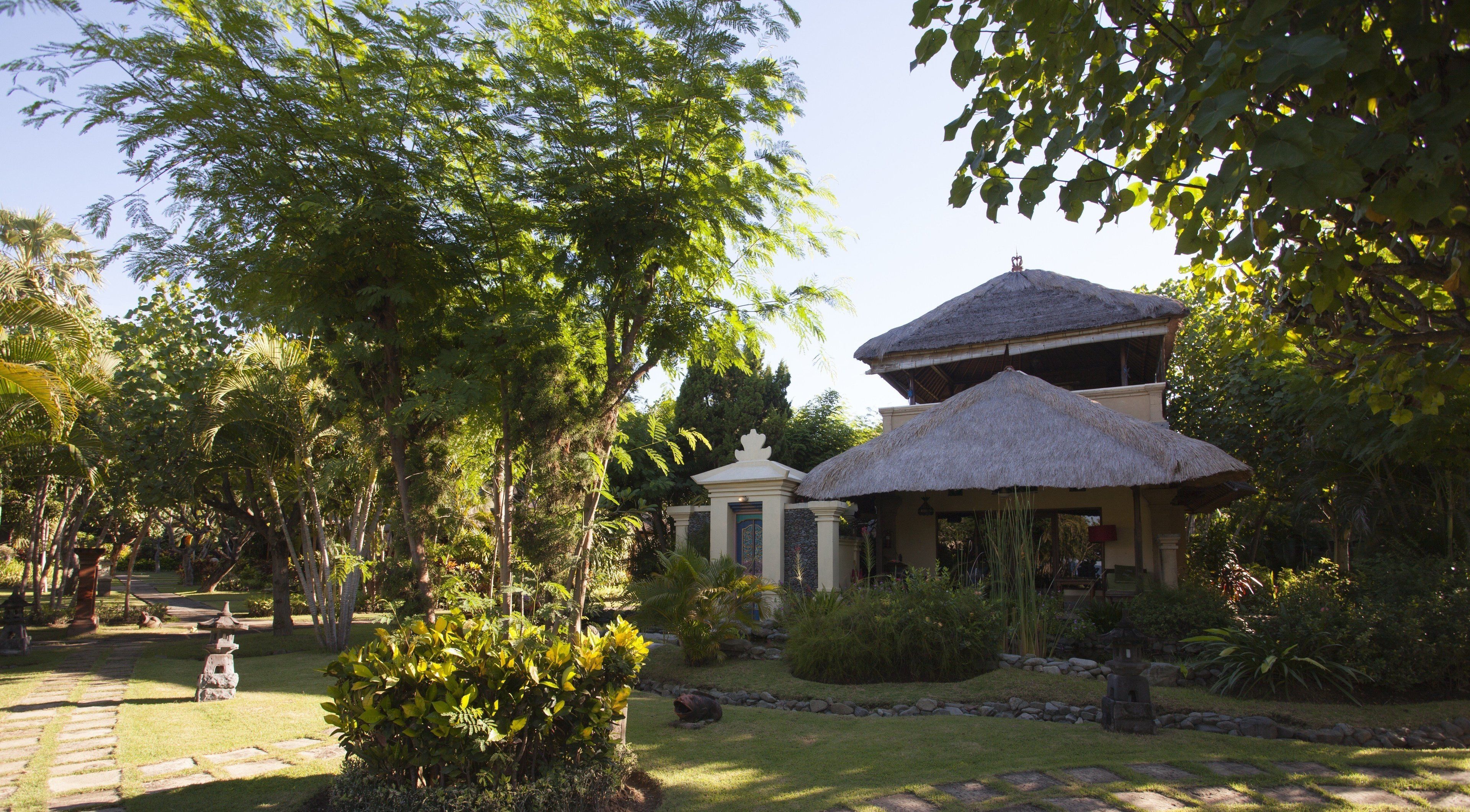 A traditional building with a thatched roof, surrounded by lush greenery and a stone pathway.