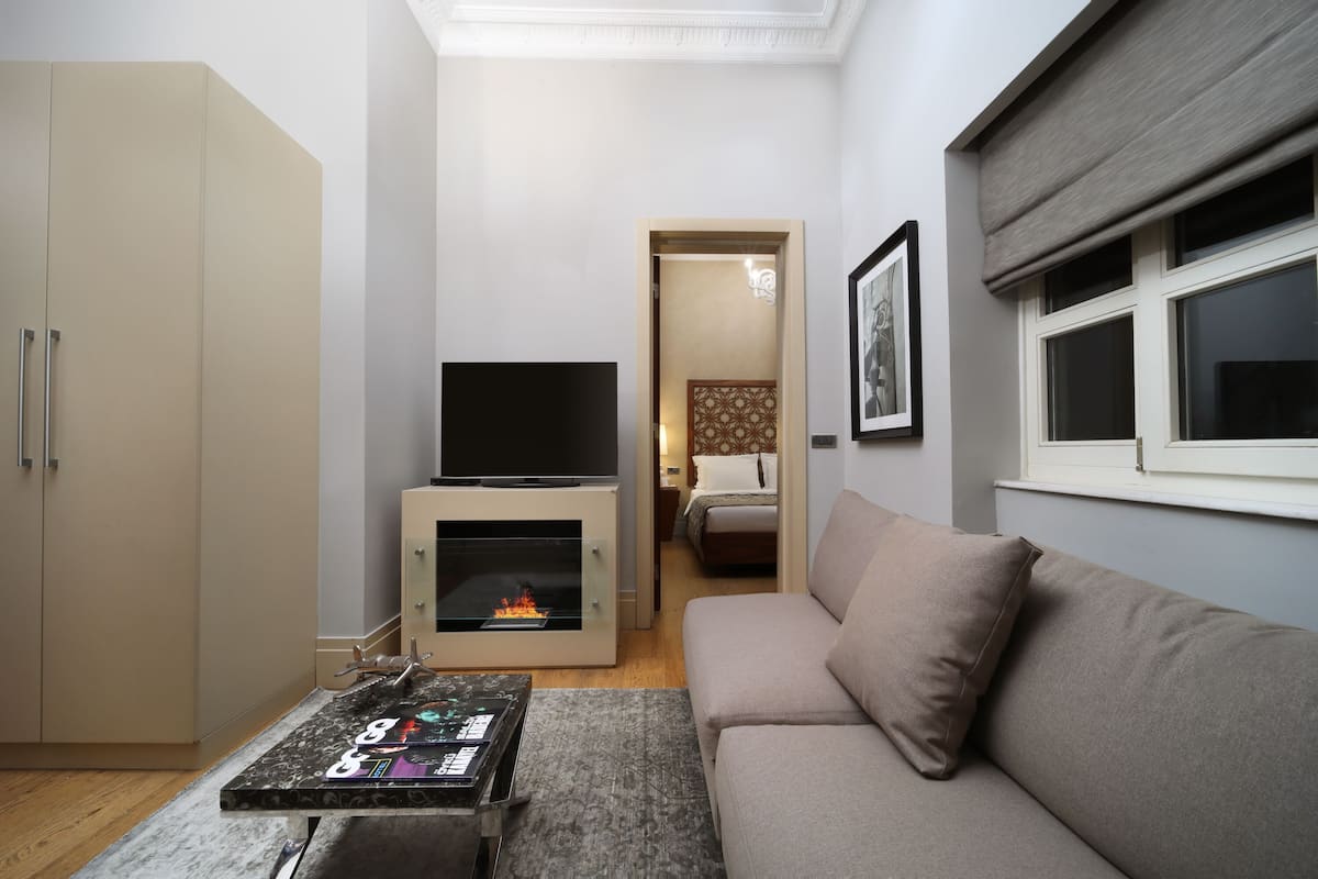 A compact living room with a sofa, a flat-screen TV, a fireplace, and a cabinet.