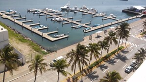 A marina with multiple docks and boats, a road with palm trees, and a clear sky. - Balajú Hotel & Suites (Veracruz)
