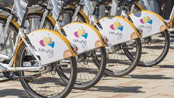 Eine Reihe von Fahrrädern mit dem 'umag'-Logo und Nummern.