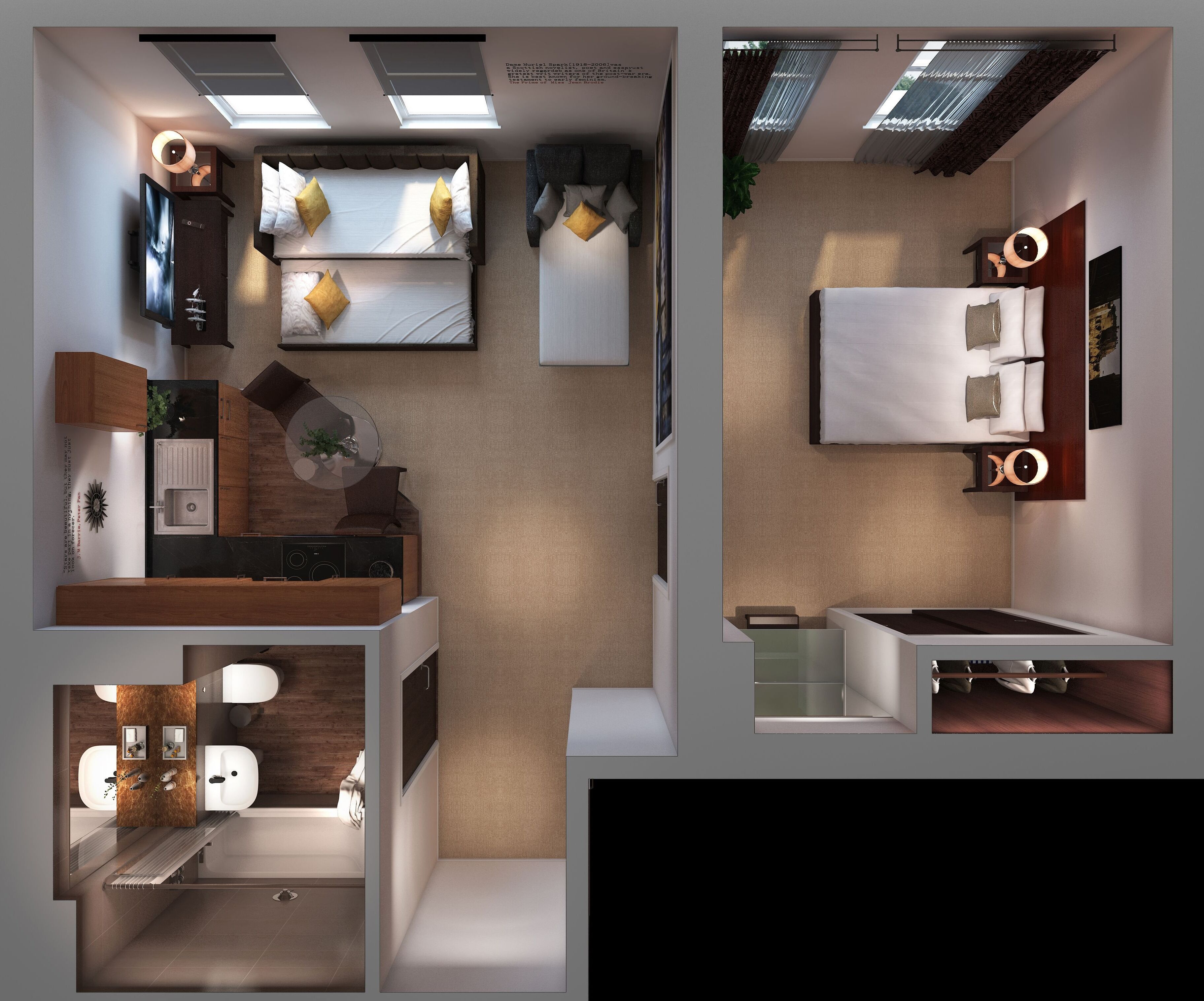 Een moderne hotelkamer met een groot bed, een bank, een bureau en een badkamer.