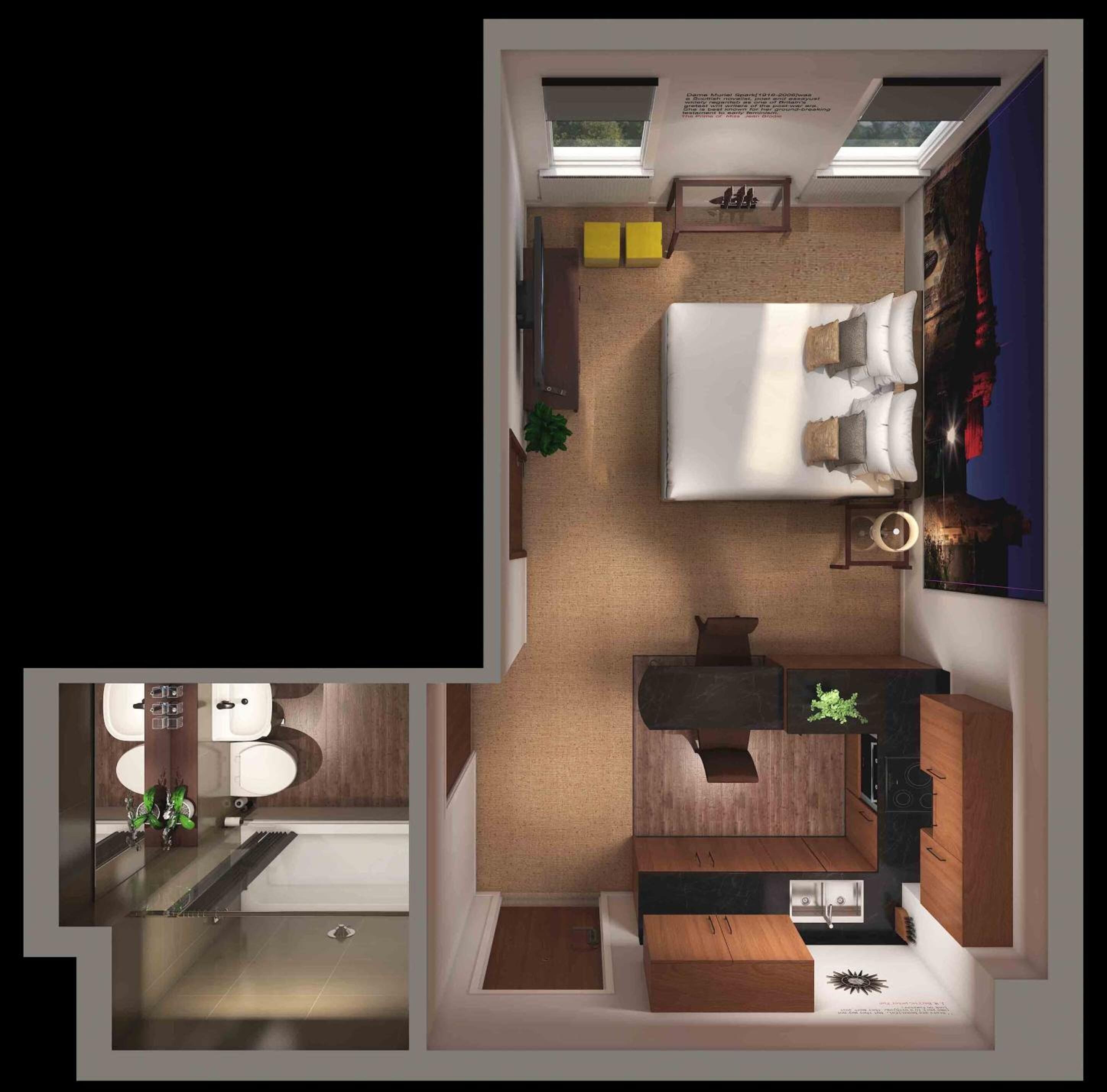A bedroom with a bed, a desk, and a chair, and a bathroom with a sink and toilet.