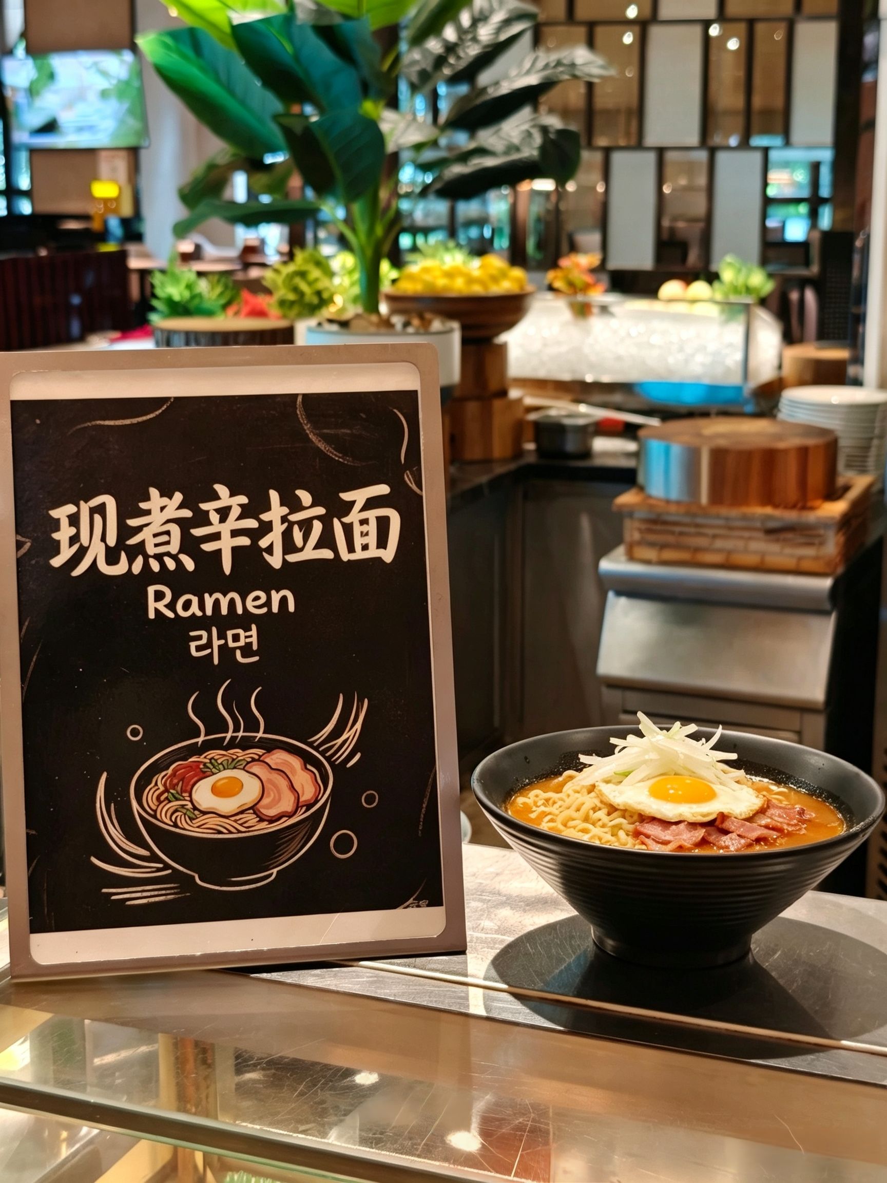 Valotaulu, jossa on lueteltu tarjolla olevat ramen-annokset, sekä kulho ramen-nuudeleita, jonka päällä on kananmuna.