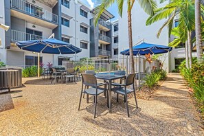 Outdoor pool, pool umbrellas, pool loungers