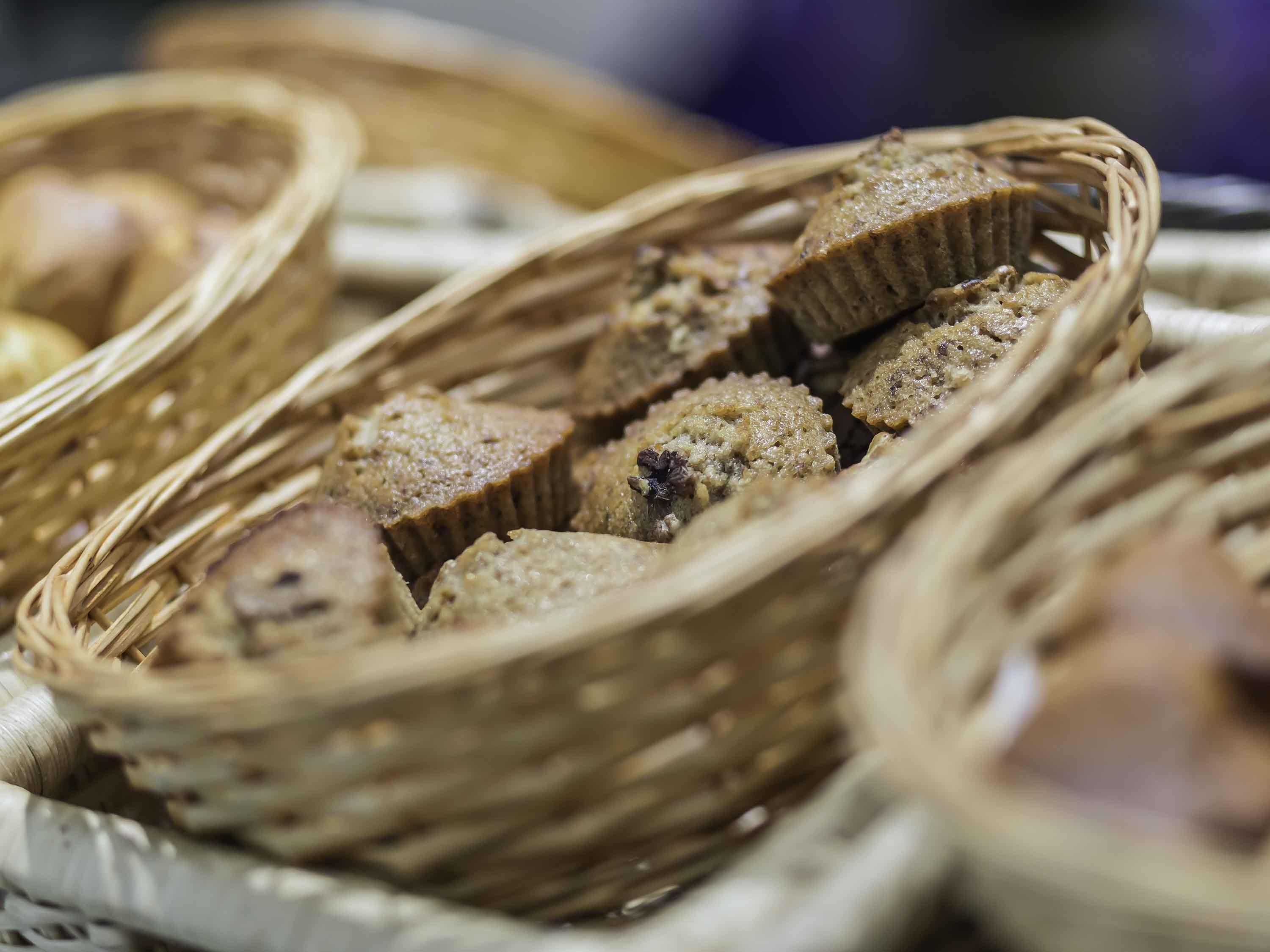 Wicker baskets containing baked goods.