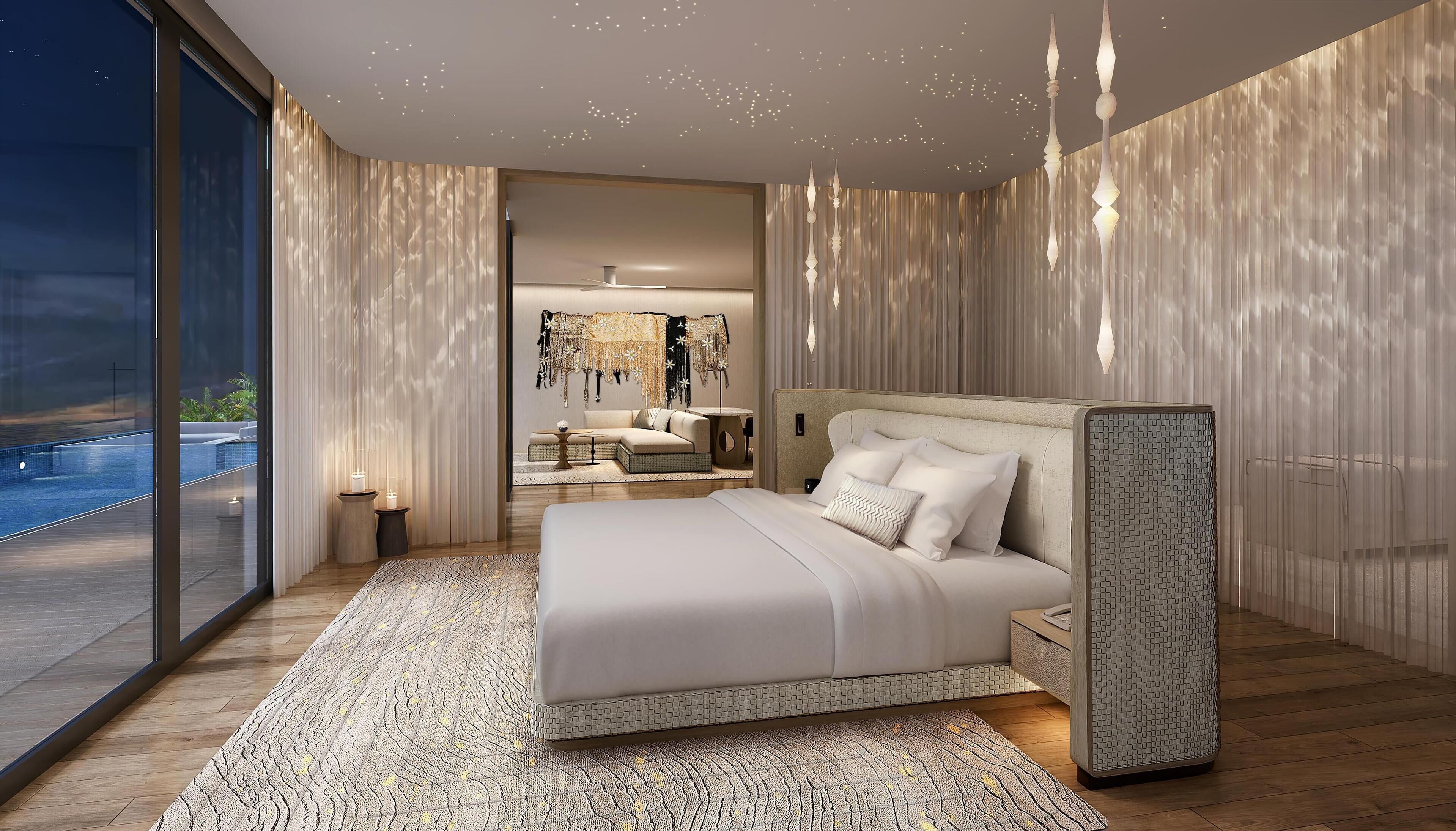 总统别墅, 1 张特大床 (Pool) | 高档床上用品、羽绒被、加厚床垫、客房内保险箱