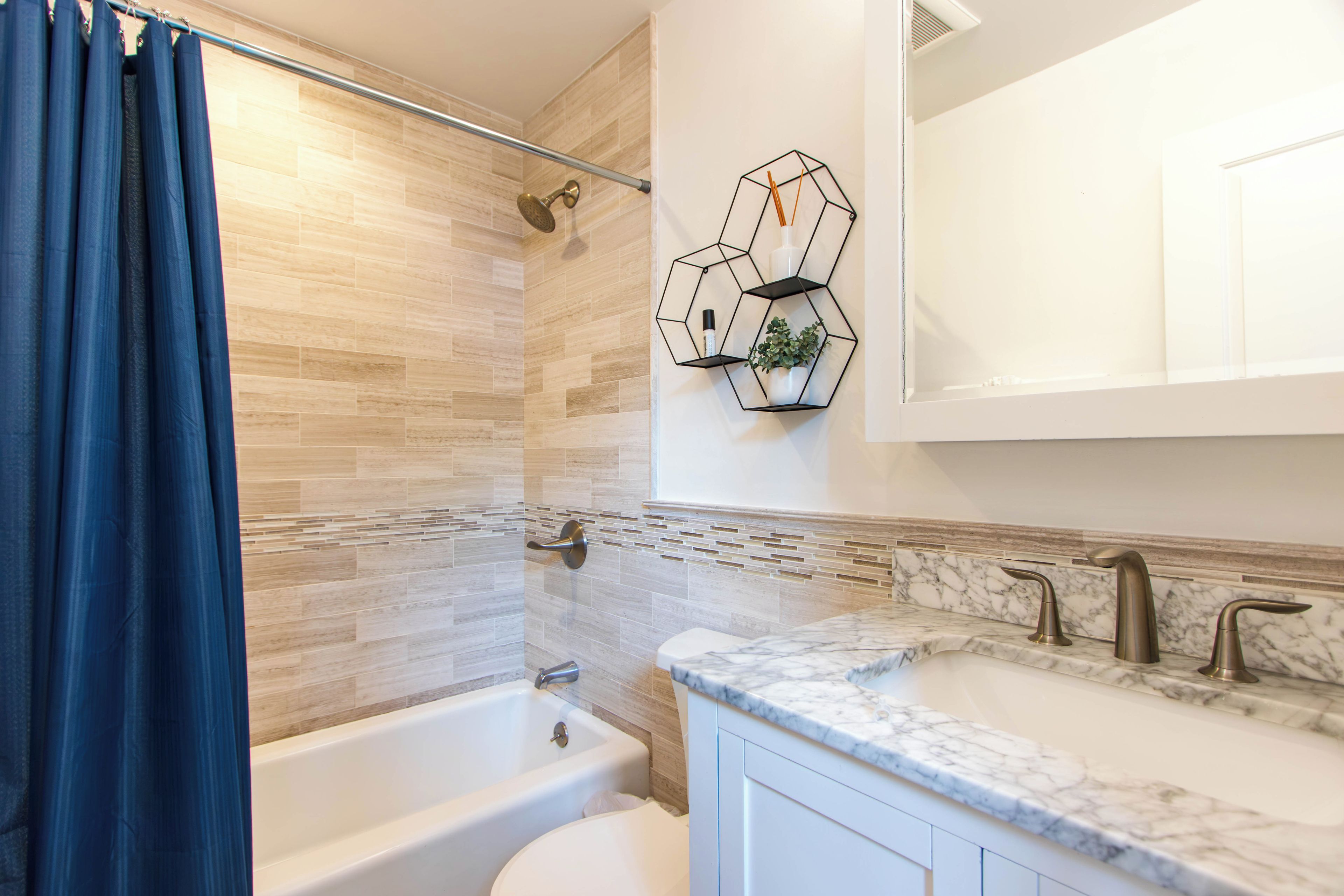 Une salle de bain équipée d’une douche, d’une baignoire, d’un lavabo avec un plan de travail en marbre et d’une étagère murale hexagonale agrémentée d’une plante.