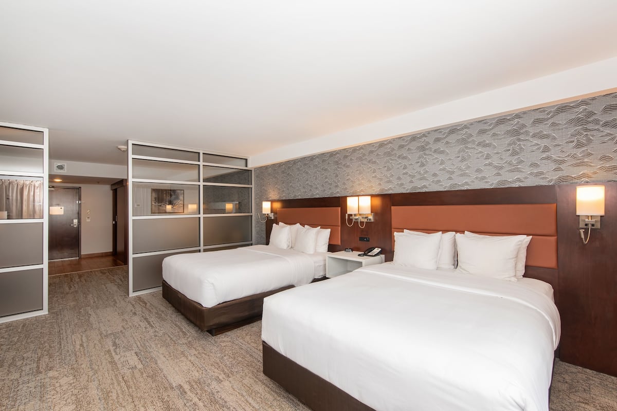 Quarto de hotel com duas camas, um closet espaçoso e parede estampada.