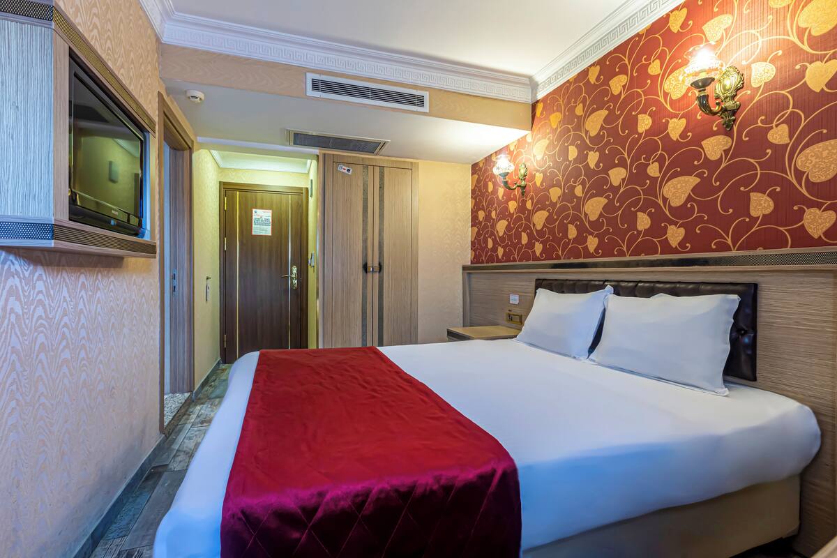 Habitación de hotel con una cama grande, un televisor sobre un mueble, una puerta y una pared con un diseño decorativo.