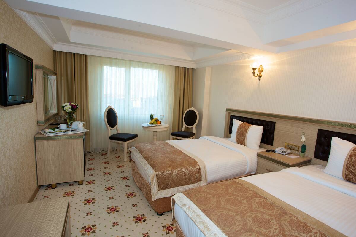 Habitación de hotel con dos camas, un escritorio con televisor, una mesita con un jarrón de flores y una silla.