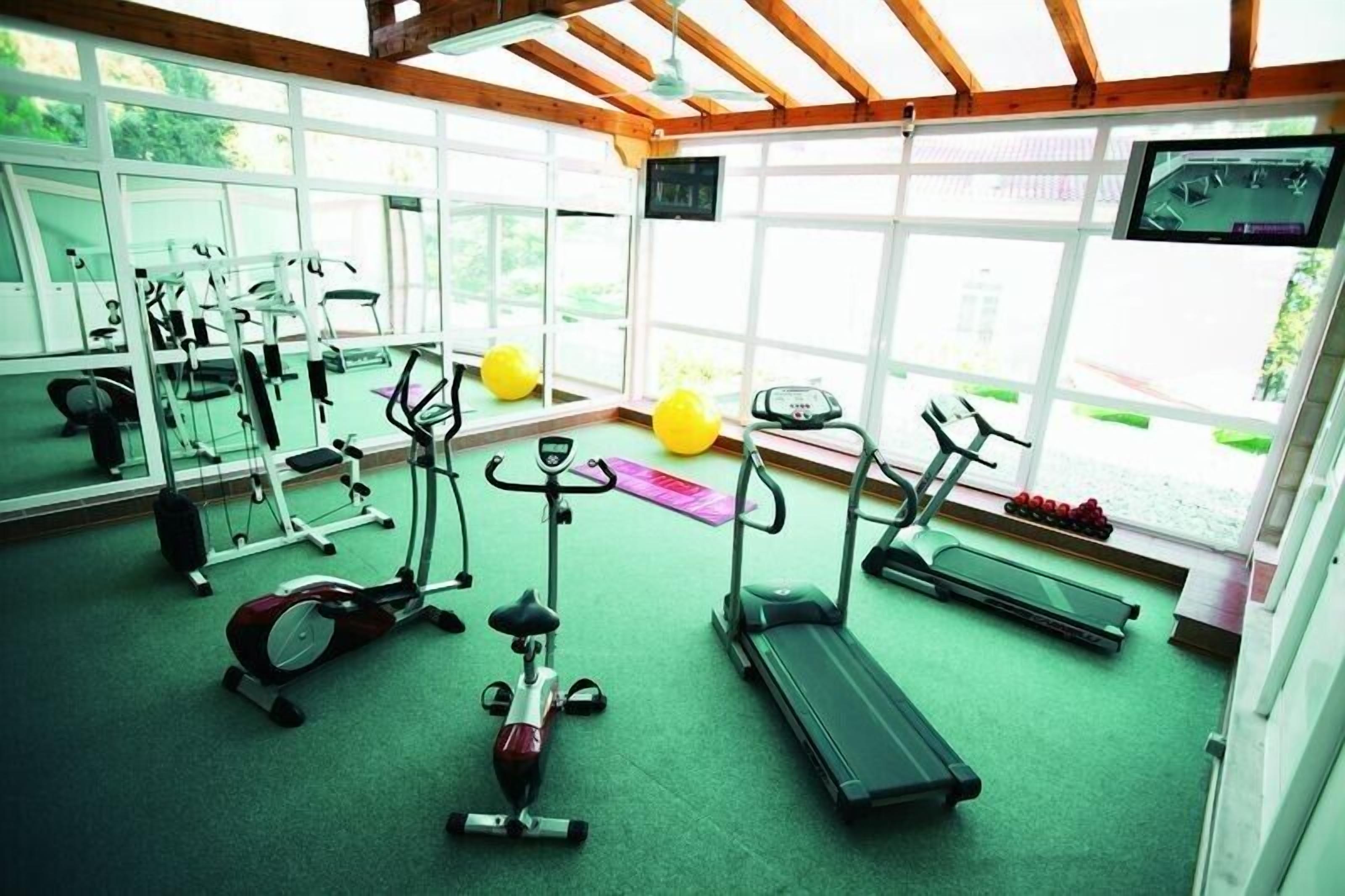 A gym with cardio machines, weight equipment, and exercise balls.