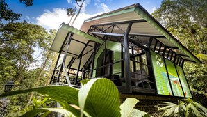 Un edificio de dos pisos con fachada de vidrio y revestimiento verde.