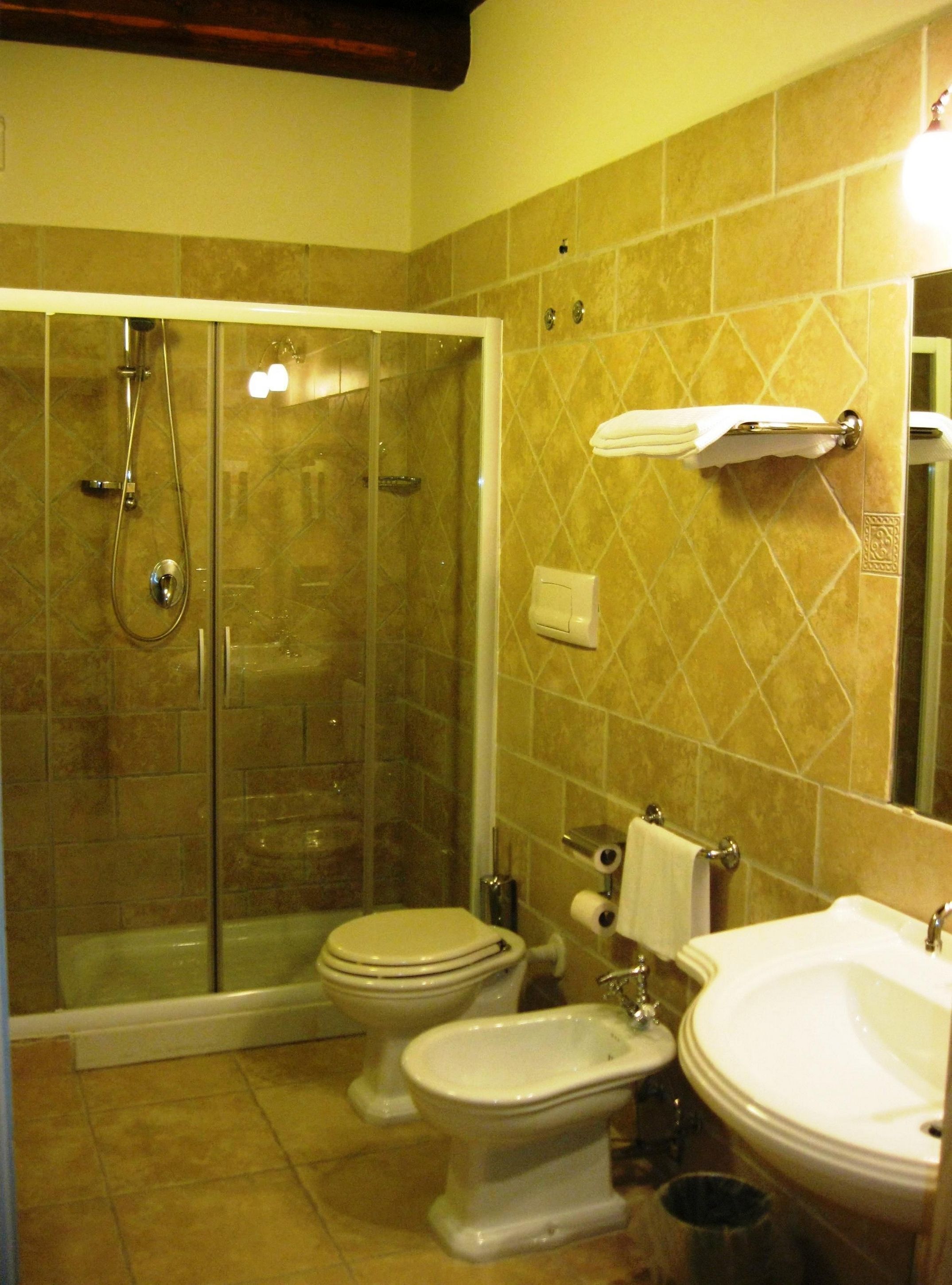 shower, hair dryer, bidet, towels