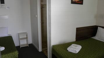Habitación de hotel con dos camas individuales, una mesita de noche pequeña, zona de ducha y un cuadro enmarcado en la pared.