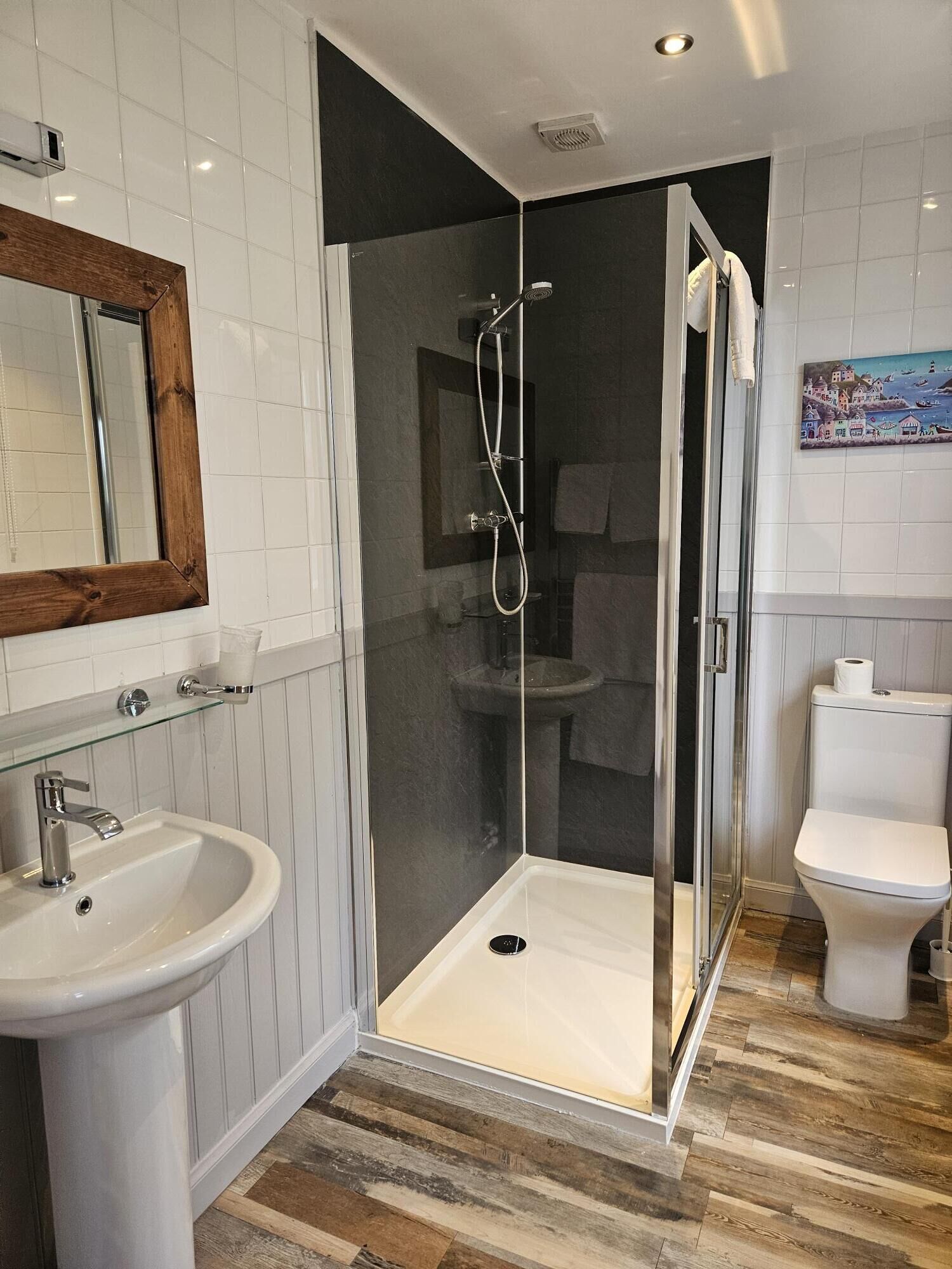 Un baño moderno con ducha de vidrio, un lavamanos blanco y un inodoro.