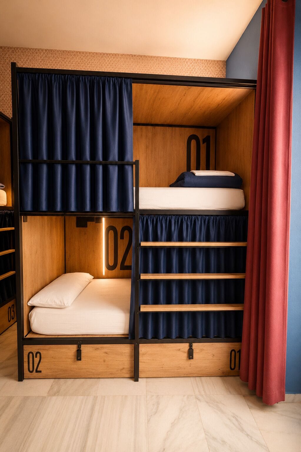 A bunk bed room with a wooden frame, numbered beds, and a red curtain.