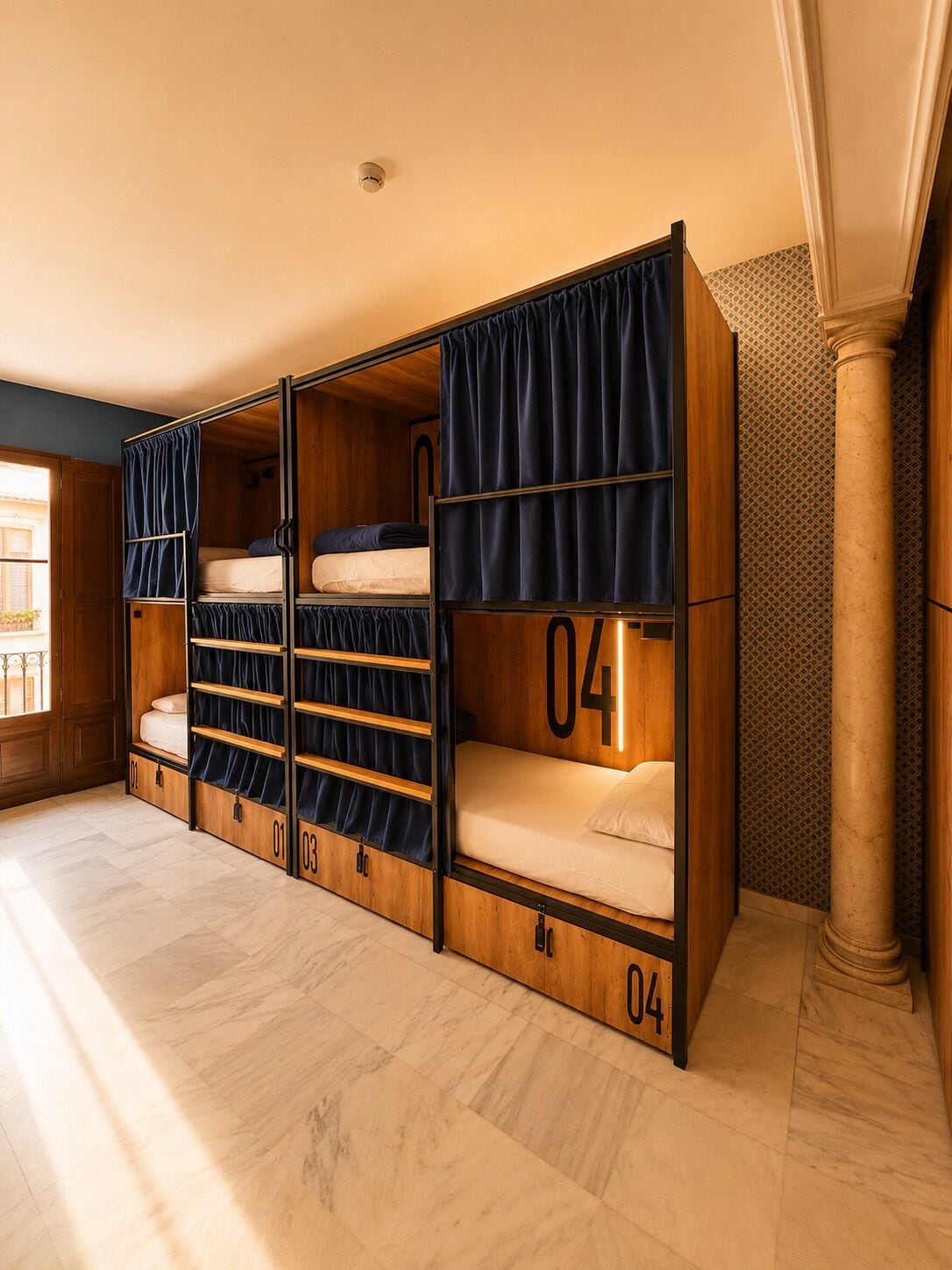 A room with bunk beds, numbered storage compartments, and a patterned wall.