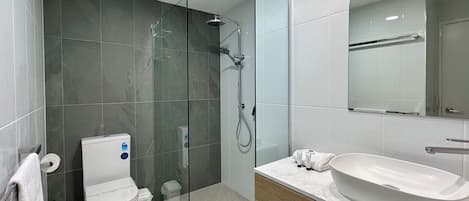 A modern bathroom with a glass-enclosed shower, a white toilet, a large sink, and a mirror above the vanity.