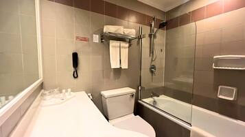 Un baño moderno con ducha de vidrio, inodoro blanco y bañera.