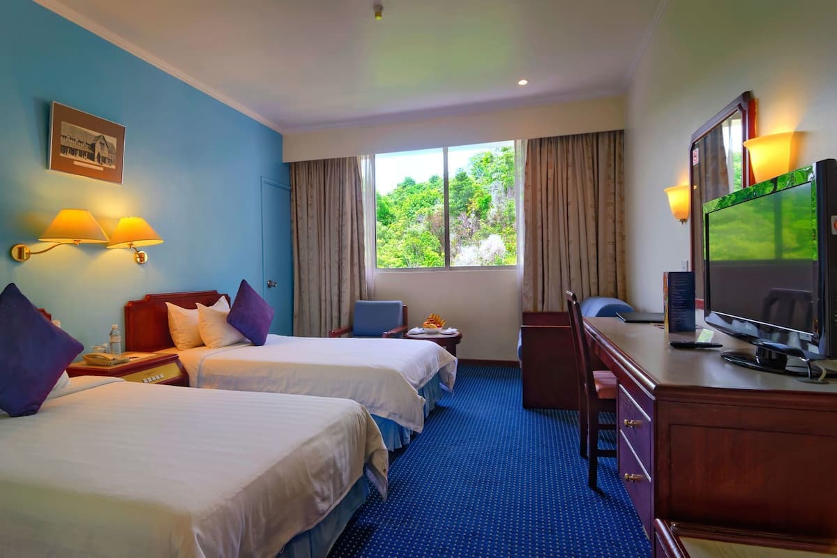 A hotel room with two beds, a desk with a computer, a TV, and a window with a view of greenery.