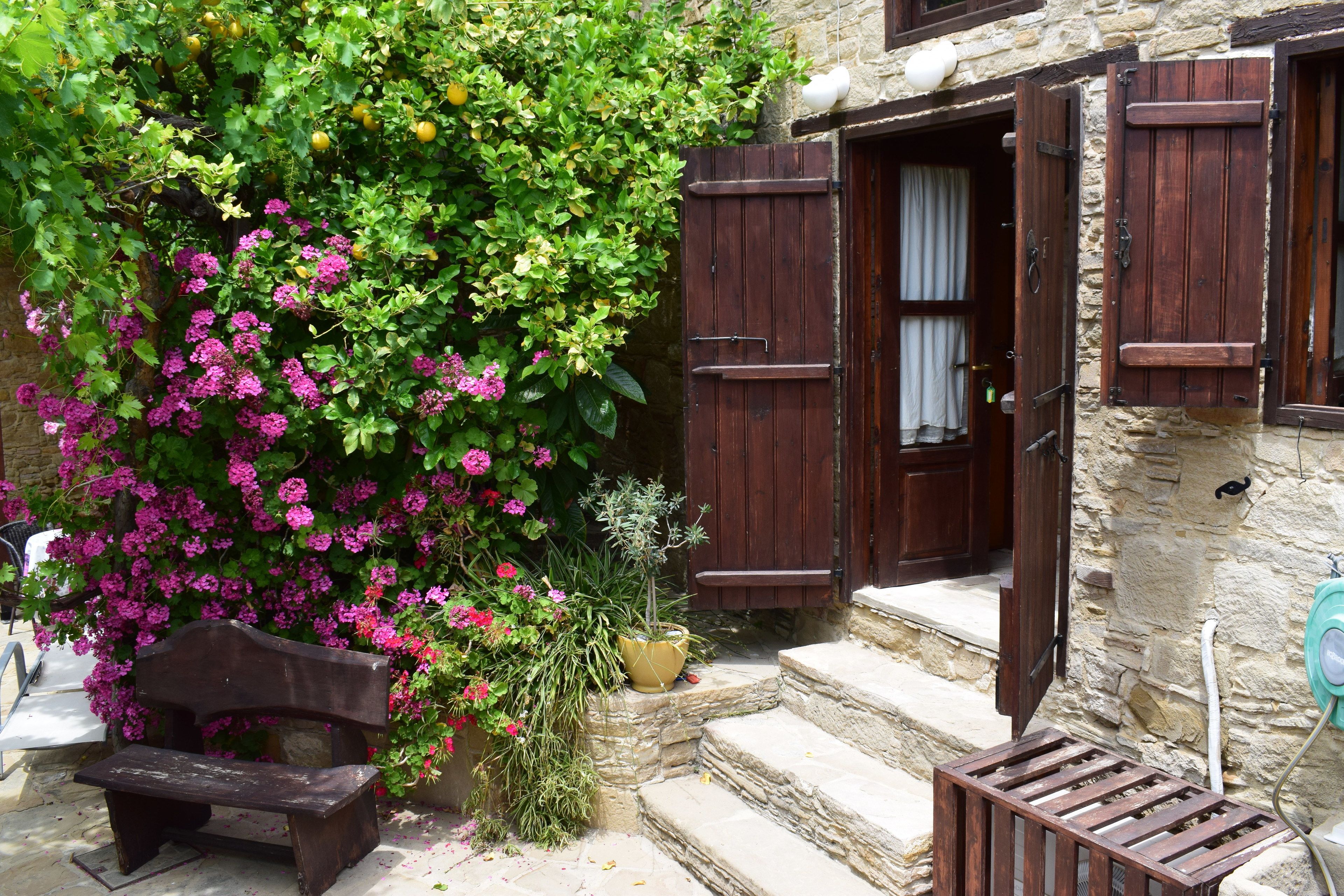 A stone building with wooden shutters, a bench, and a potted plant.
