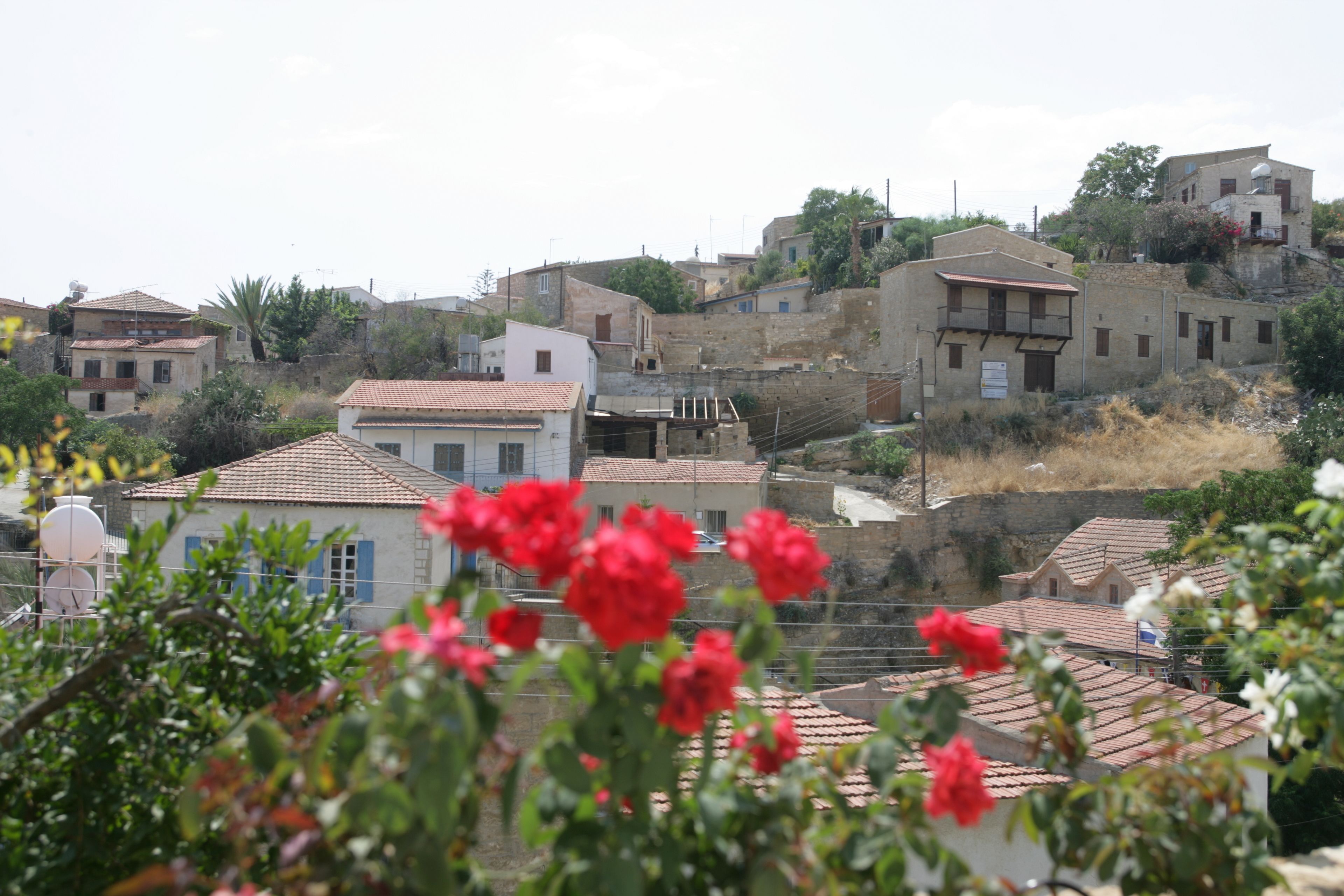 A hillside village with traditional architecture, including terraced houses and a prominent building with a balcony.