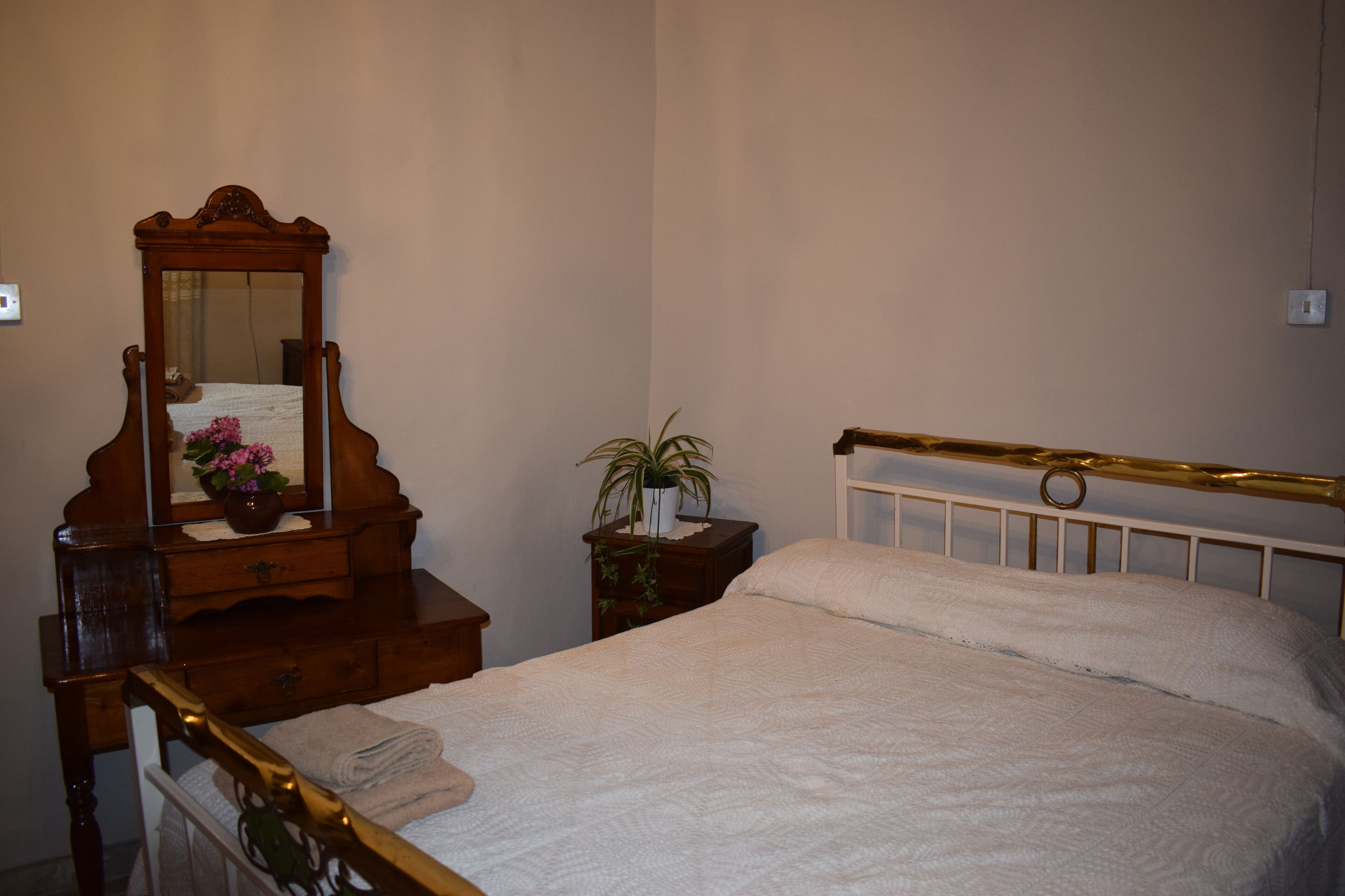 A bedroom with a wooden bed frame, a nightstand with a plant, a dresser with a mirror, and a white wall.